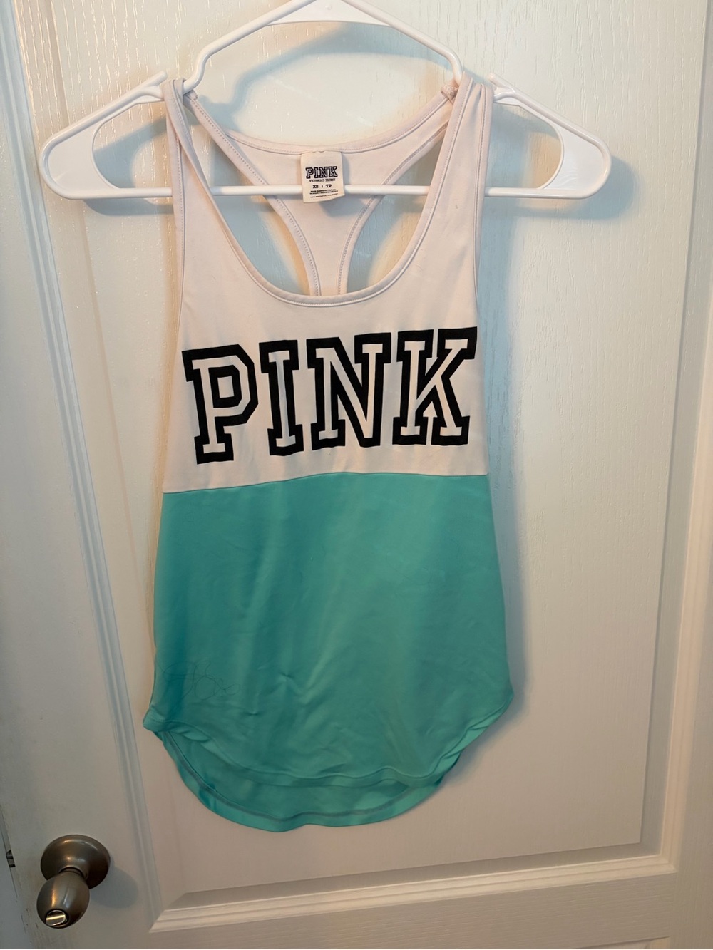 PINK Victoria's Secret Colorblock Racerback Tank Top - White & Aqua